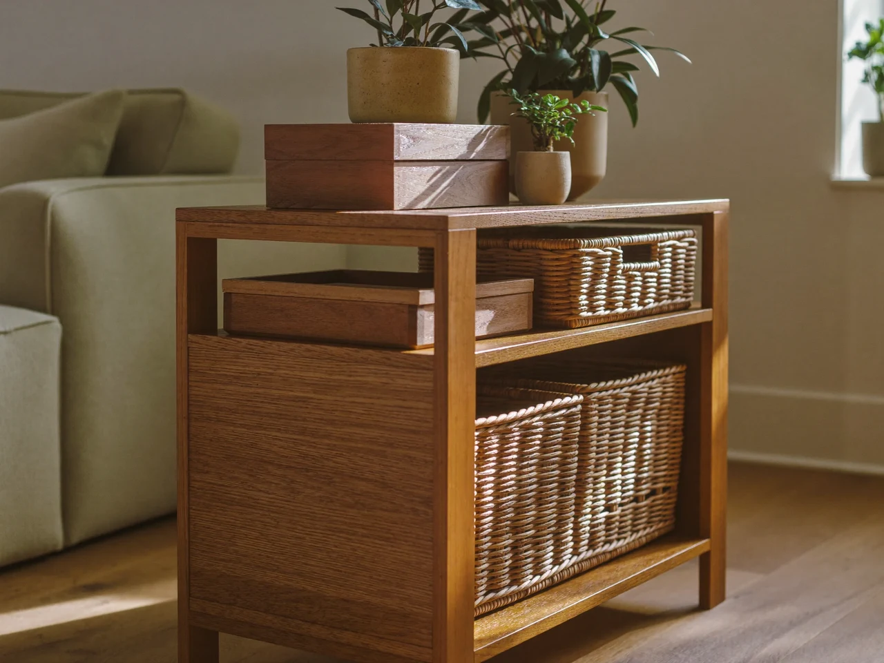 Coin de salon ensoleillé avec une étagère en chêne, paniers, boîtes et plantes