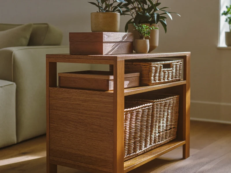 Coin de salon ensoleillé avec une étagère en chêne, paniers, boîtes et plantes