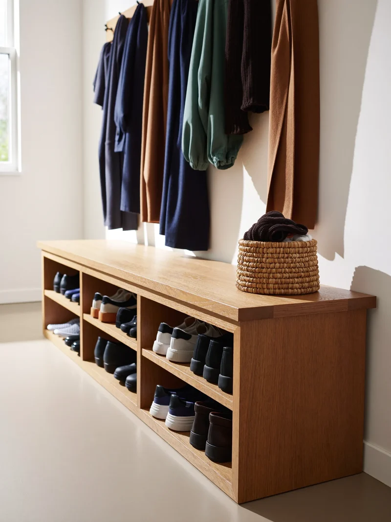 Banc d'entrée en chêne avec rangement à chaussures, patères et petit panier